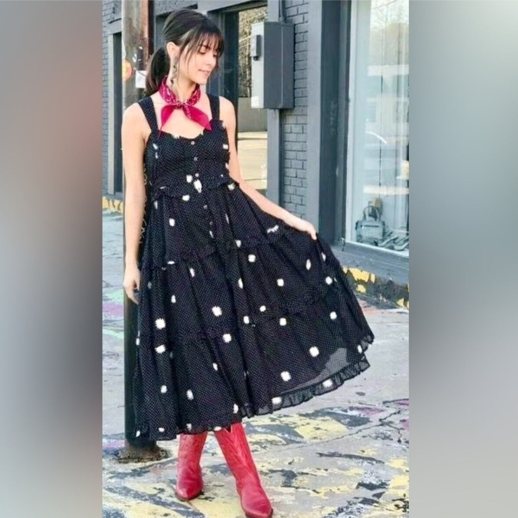 Free People Retro "Daisy Chain" Embroidered Midi Dress